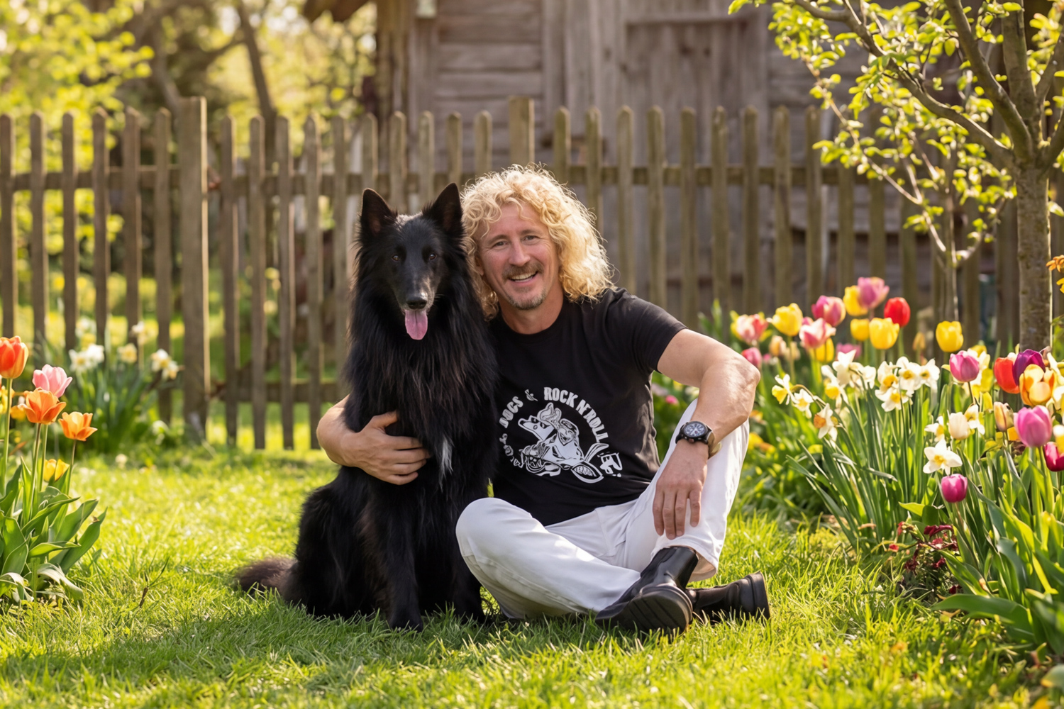 Dni działkowca w M1 Marki. Mężczyzna z psem siedzący na trawie w ogrodzie.