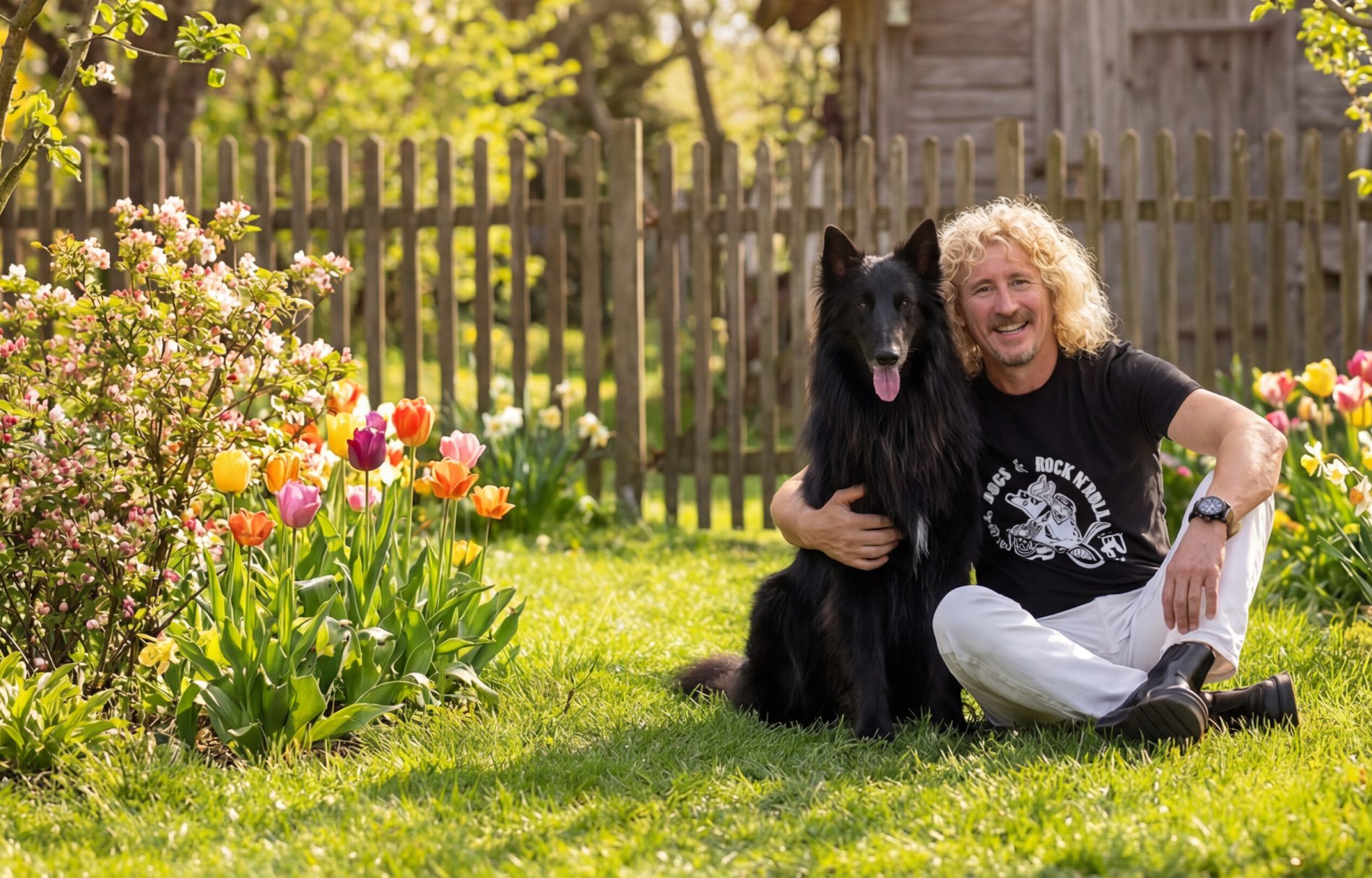 Dni działkowca w M1 Marki. Mężczyzna z psem siedzący na trawie w ogrodzie.