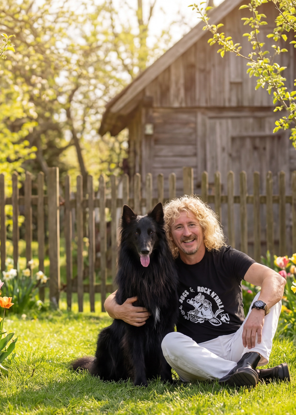 Dni działkowca w M1 Marki. Mężczyzna z psem siedzący na trawie w ogrodzie.