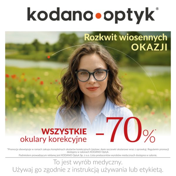 Grafika promująca salon Kodano Optyk informująca o rabacie do −70% na wszystkie okulary korekcyjne. Na zdjęciu widoczna jest kobieta w okularach, stojąca na tle wiosennego krajobrazu pełnego zieleni i kwiatów.