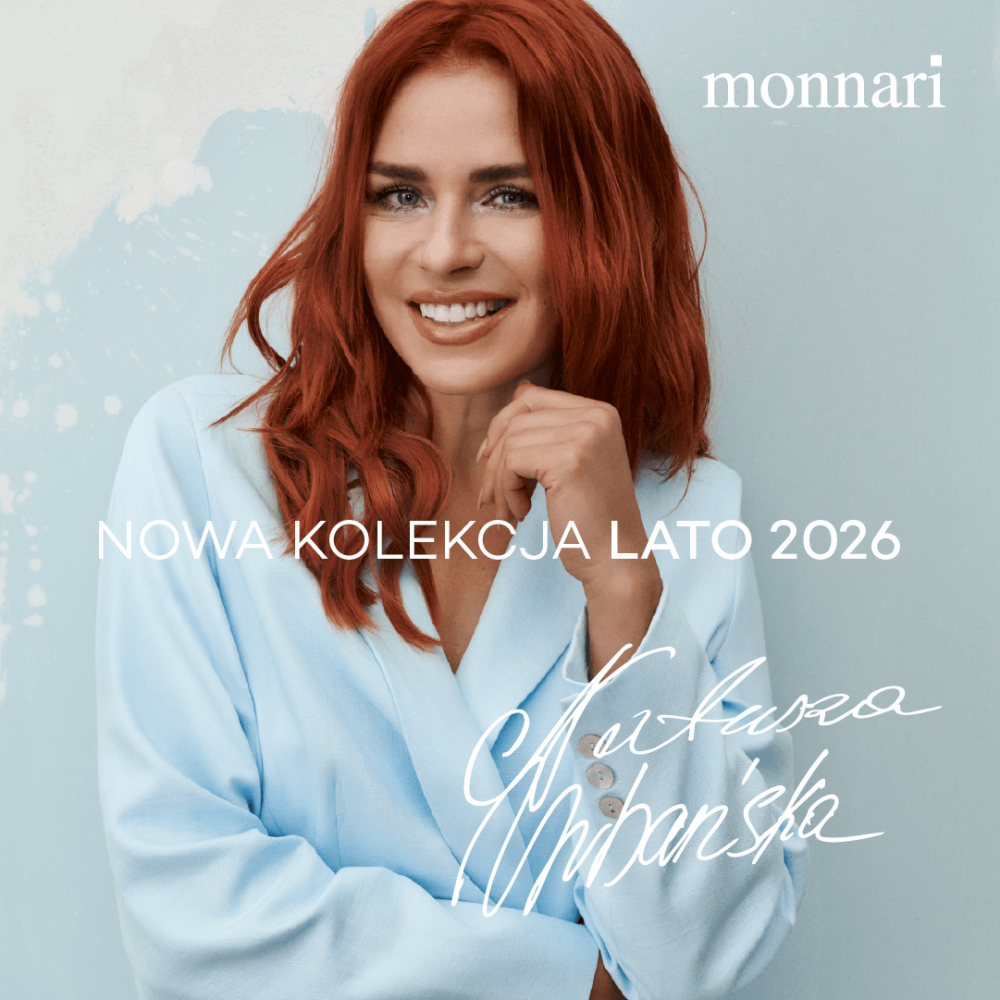 Na grafice widoczna jest Natasza Urbańska w jasnoniebieskiej stylizacji, uśmiechnięta i pozująca na jasnym tle. Obok znajduje się informacja o nowej kolekcji Lato 2026 marki Monnari, zachęcająca do odkrycia lekkich, świeżych i kobiecych stylizacji.