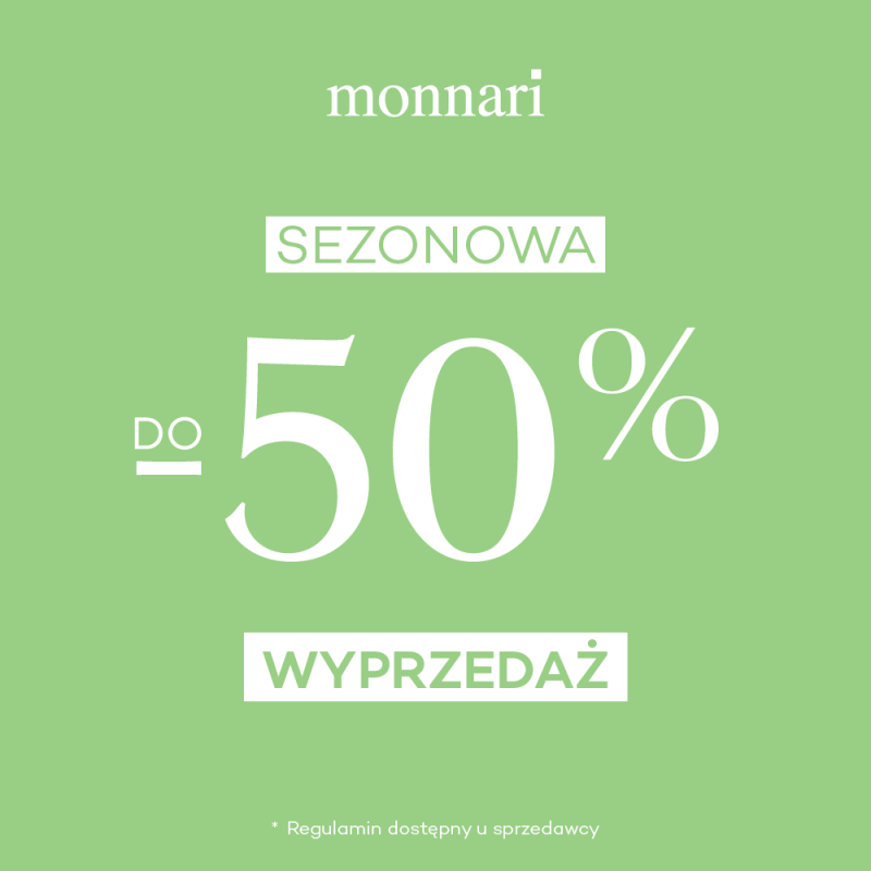 Grafika promocyjna informująca o wyprzedaży odzieży damskiej w salonie Monnari.