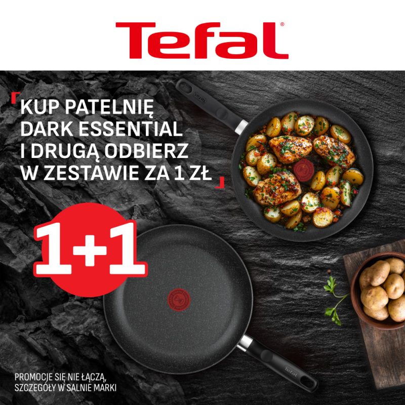 Zdjęcie przedstawia dwie patelnie marki Tefal, objęte promocją 1+1.