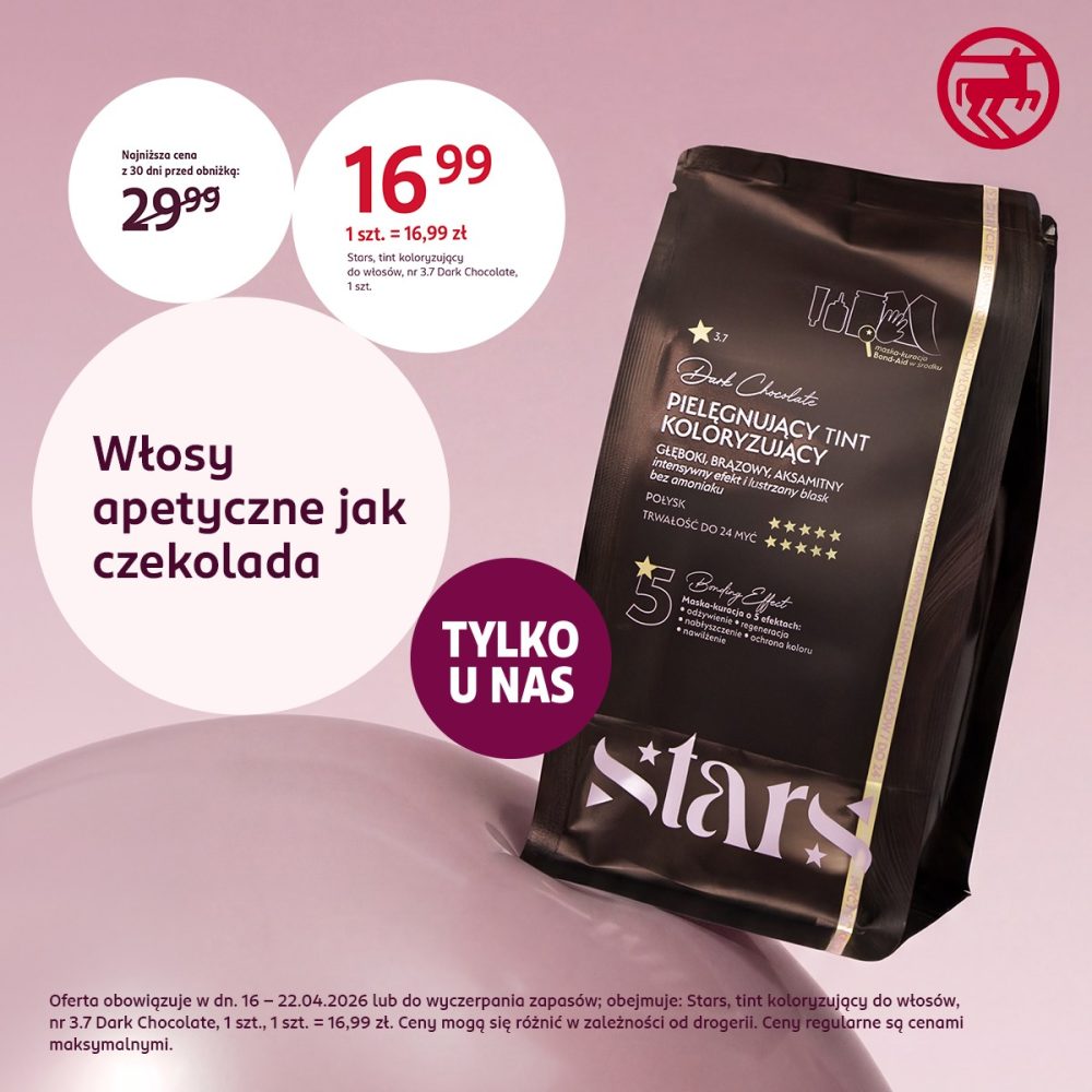 Grafika promocyjna prezentująca tint do włosów marki Stars w kolorze brązowym, w promocyjnej cenie 16,99 zł.