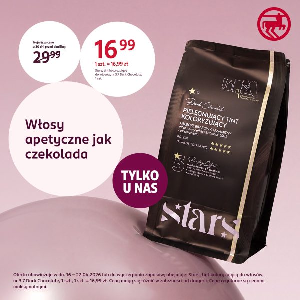 Grafika promocyjna prezentująca tint do włosów marki Stars w kolorze brązowym, w promocyjnej cenie 16,99 zł.