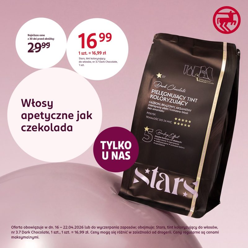 Grafika promocyjna prezentująca tint do włosów marki Stars w kolorze brązowym, w promocyjnej cenie 16,99 zł.