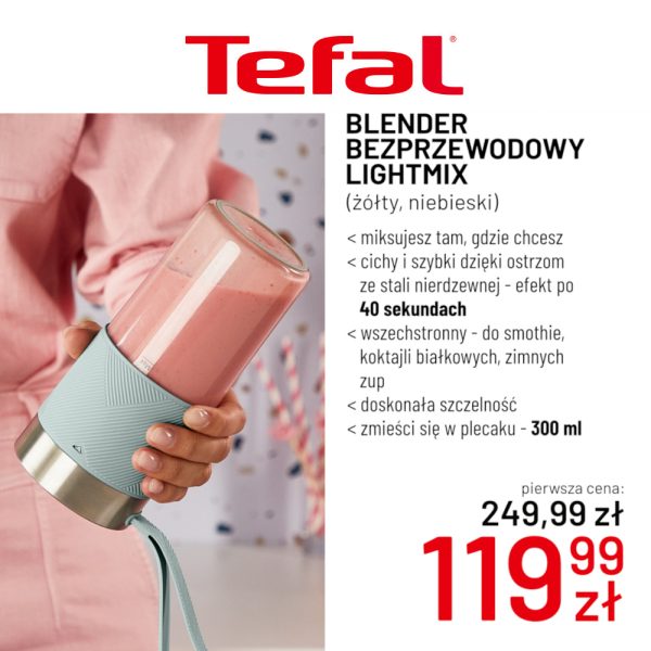 Przenośny blender bezprzewodowy Tefal LIGHT MIX w kolorze białym z owocowym napojem.