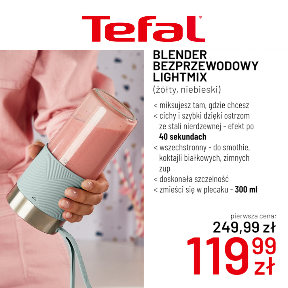 Przenośny blender bezprzewodowy Tefal LIGHT MIX w kolorze białym z owocowym napojem.