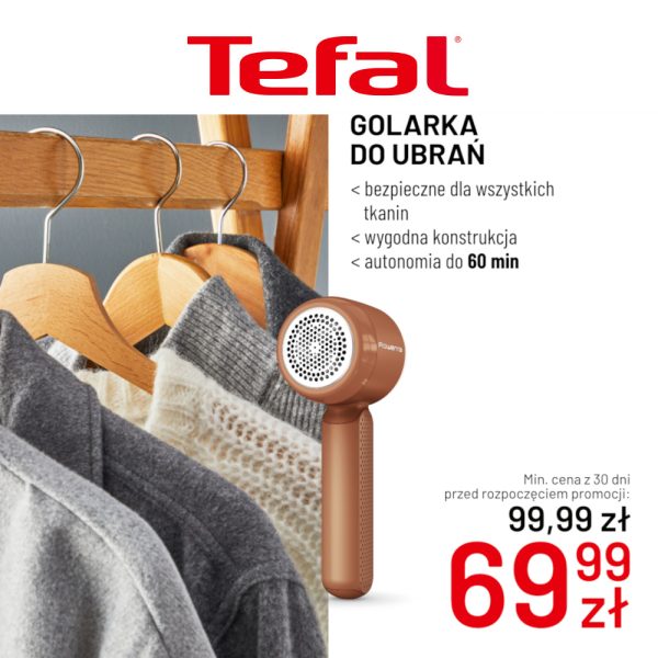 Zdjęcie produktowe golarki do tkanin Tefal z promocyjną ceną 69,99 zł.