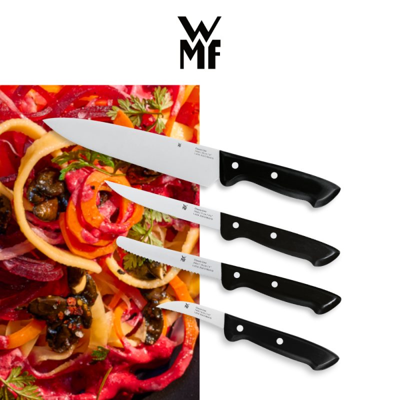 Zdjęcie prezentujące asortyment profesjonalnych noży kuchennych WMF objętych wyprzedażą.