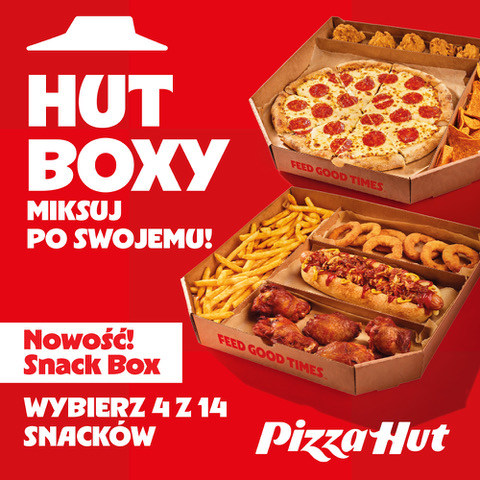 Grafika promocyjna Pizza Hut na czerwonym tle. Po lewej stronie znajduje się duży napis „Hut Boxy – miksuj po swojemu!” oraz informacja o nowości „Snack Box”. Po prawej widoczne są dwa zestawy jedzenia w kartonowych boxach: pizza pepperoni z nuggetsami oraz zestaw z frytkami, krążkami cebulowymi, hot dogiem i kawałkami kurczaka. Na dole umieszczono napis „Wybierz 4 z 14 snacków” oraz logo Pizza Hut.