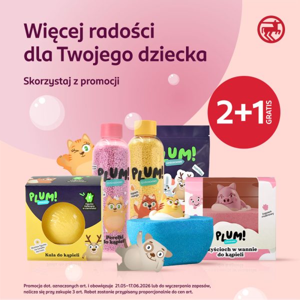 Promocja marki PLUM w sklepach Rossmann w M1 Marki. Grafika przedstawiająca produkty objęte promocją.