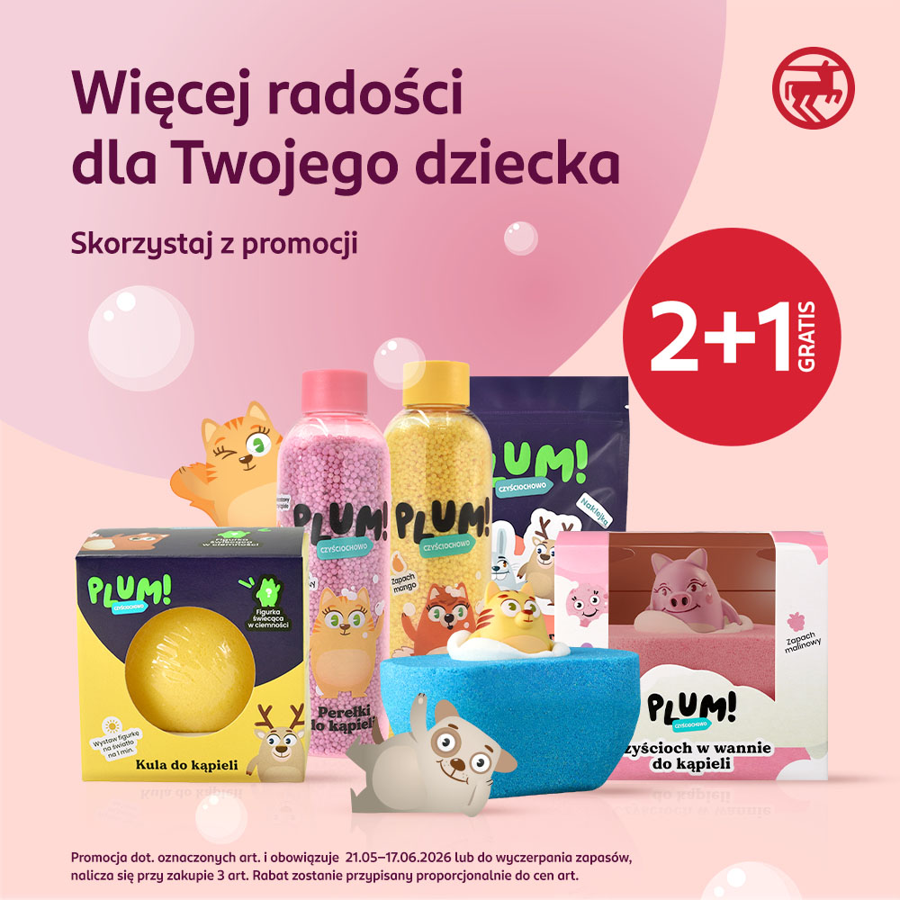 Promocja marki PLUM w sklepach Rossmann w M1 Marki. Grafika przedstawiająca produkty objęte promocją.