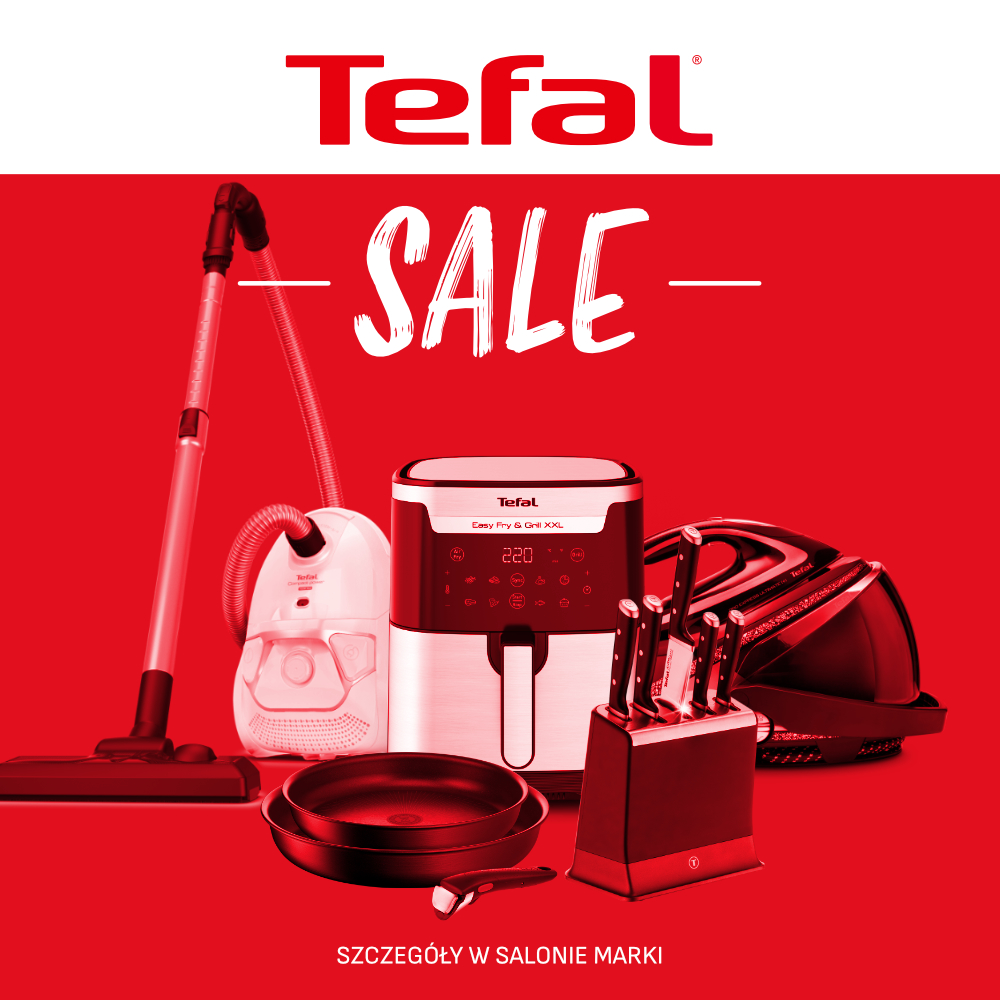 Promocja marki Tefal w M1 Marki. Grafika przedstawiająca sprzęt AGD.