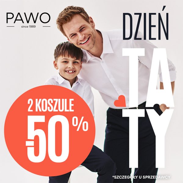 Promocja w PAWO na dzien ojca. Syn z ojcem ubrani w białe koszule.