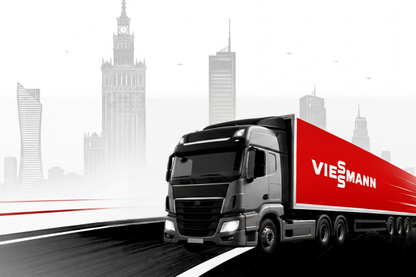 Event roadshow w M1 Marki. Grafika przedstawiająca ciężarówkę Viessmann na tle Warszawy.