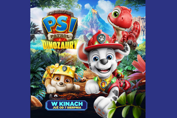 Grafika promująca event Psi Patrol. Bohaterowie Psiego Patrolu na tle dżungli z dinozaurami.