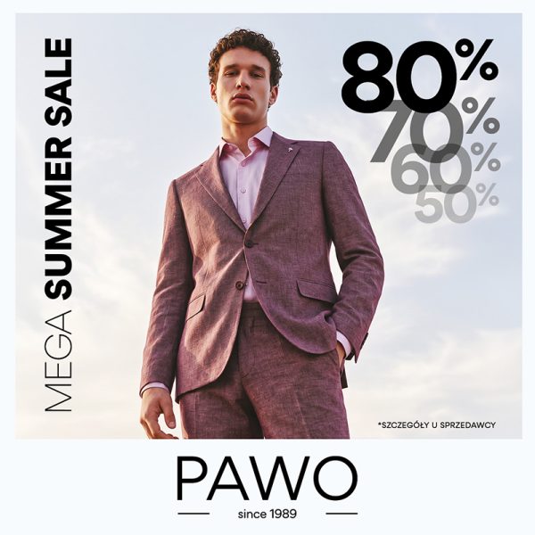 Grafika promocyjna letniej wyprzedaży w pawo. Mężczyzna urany w brązowy garnitur stojący na tle nieba.