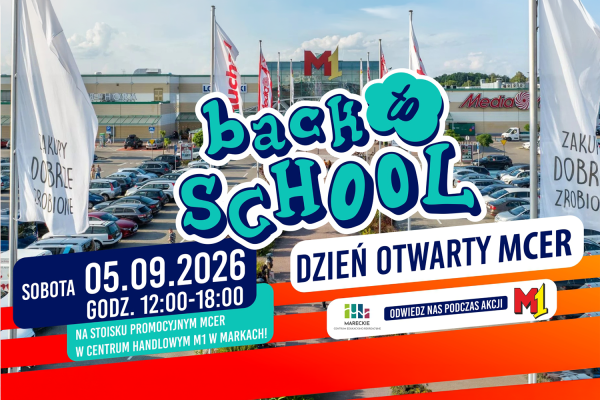 MCER Back to School Open House Promotional Graphic M1 MarkiSigns and information on the background of a shopping center M1 Marki.