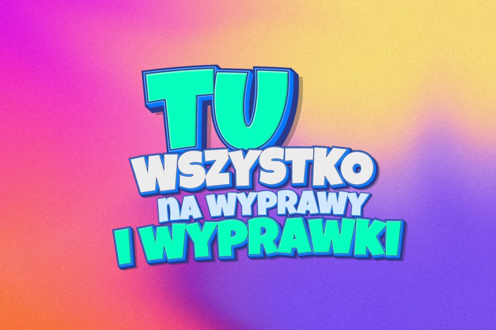 Grafika promująca kampanię BACK TO SCHOOL w M1. Tu wszystko na wyprawy i wyprawki. Napisy na kolorowym tle.