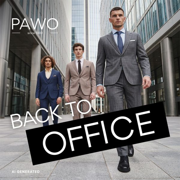 Grafika promocyjna dla back to office w PAWO. 3 mężczyzn w garniturach na tle wieżowców w centrum miasta.