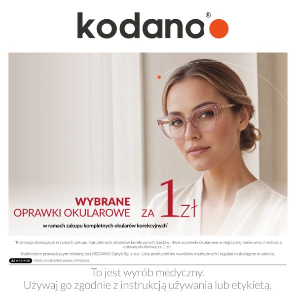 Promotional graphic for Kodano Optician. A blonde woman wearing glasses advertising frames for 1 PLN.