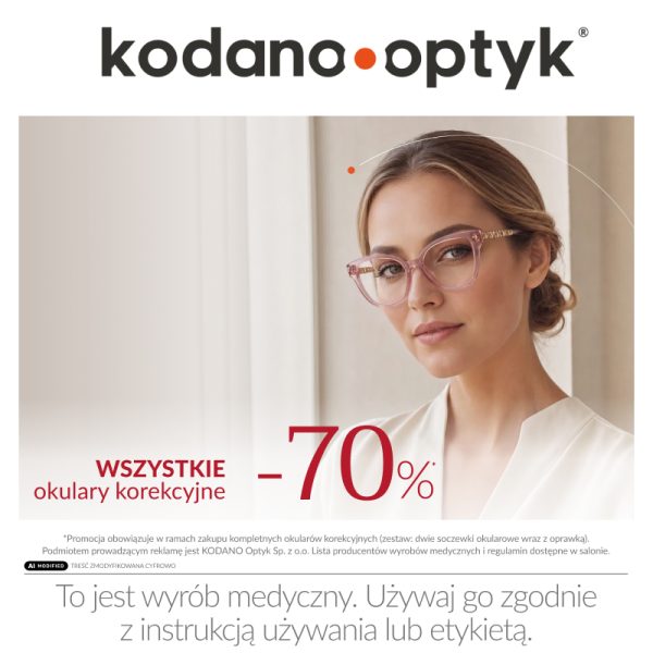 Grafika promocyjna marki kodano optyk. Blondynka w różowych okularach reklamująca rabat -70% na wszystkie okulary korekcyjne.