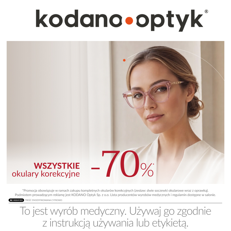 Grafika promocyjna marki kodano optyk. Blondynka w różowych okularach reklamująca rabat -70% na wszystkie okulary korekcyjne.