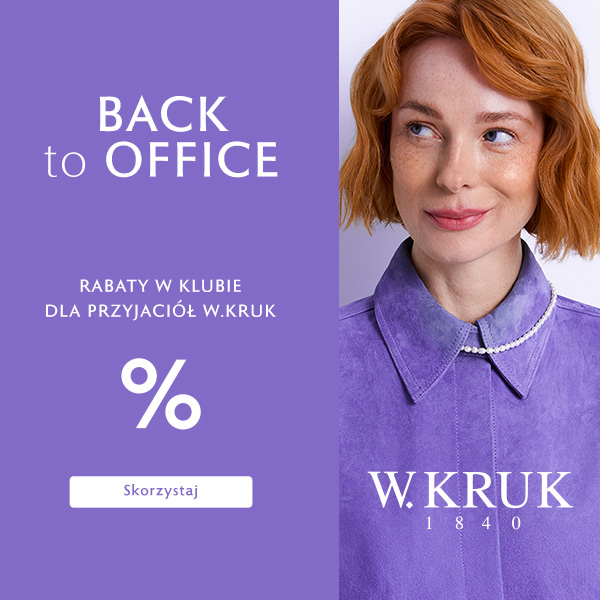 Grafika promocyjna marki w.kruk. Kobieta o rudych włosach ubrana we fioletowy strój.