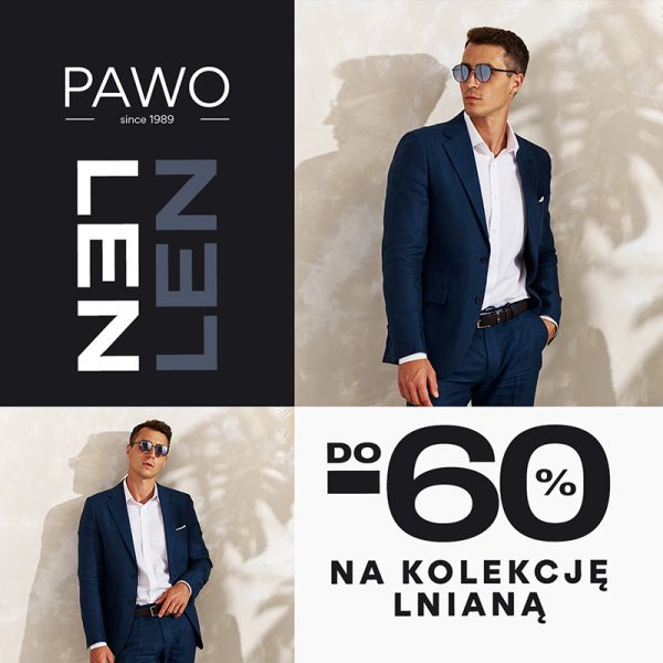 A promotional graphic for the PAWO linen collection. A man in a navy blue suit poses against a beige background.
