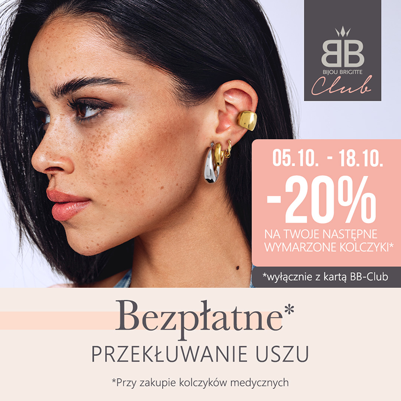 Grafika promocyjna marki BJIOU BRIGITTE. Brunetka w kolczykach z profilu reklamująca bezpłatne przekłuwanie uszu.