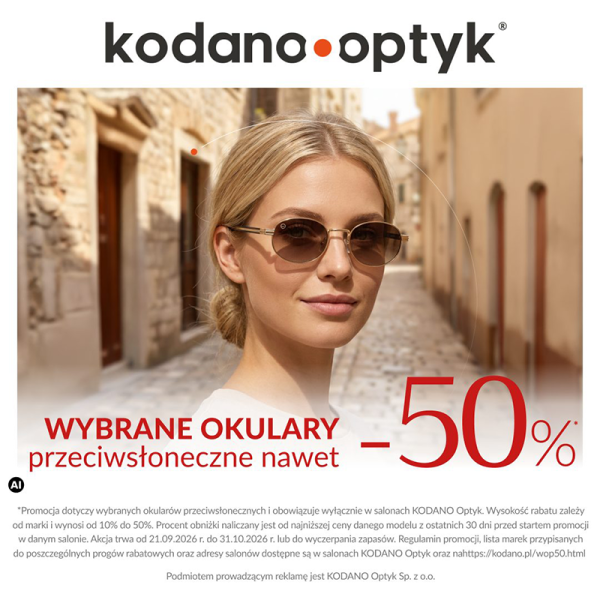 Grafika promocyjna marki Kodano Optyk. Kobieta o blond włosach w okularach przeciwsłonecznych.