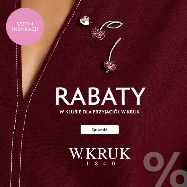 Grafika promocyjna marki W.KRUK. Spinki, broszki przyczepione do bordowego materiału.