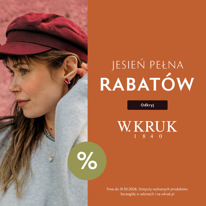 Grafika promująca jesień pełną rabatów w W.KRUK. Kobieta odsłaniająca uszy, pokazująca rubinowy kolczyk, ubrana w bordowy beret.