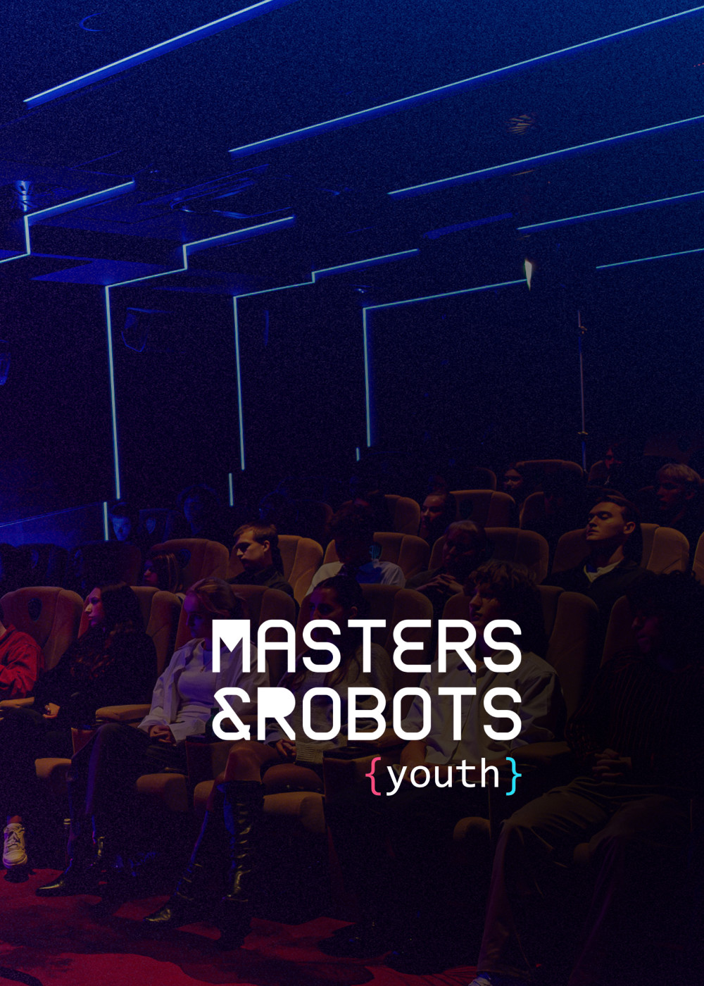 Grafika dla wydarzenia MASTERS&ROBOTS. Młodzież siedząca na widowni, słuchająca wykładów.